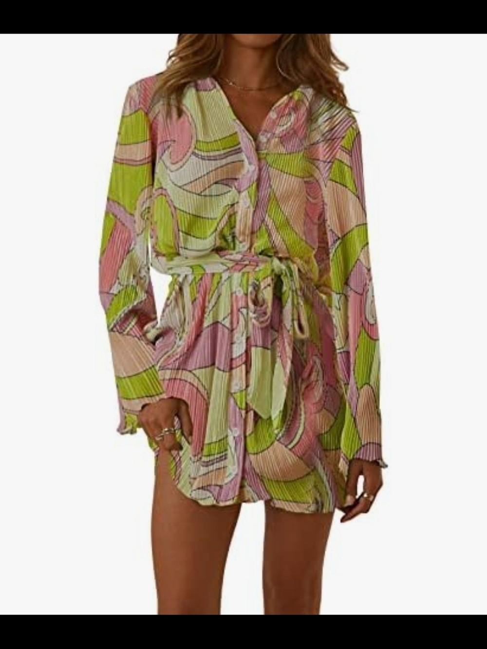 Print Pleated Mini Shirt Dress with Removable Waist Tie Sz S Feminine Colorful